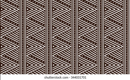 Tribal ethnic seamless african pattern. Vector illustration for print, textile design and background. White stripes and dots on a dark brown background in african style. Stylish decoration, ornament.