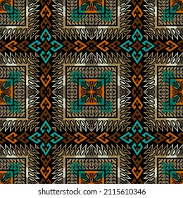 Tribal ethnic seamless pattern. Checkered colorful background. Repeat patterned backdrop. Plaid tartan ornaments. Geometric traditional ornate design for fabric, textile, prints. Endless texture.
