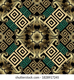 Tribal ethnic seamless pattern. Floral ornamental background. Repeat vector greek backdrop. Geometric colorful ornament with vintage golden Baroque style flowers, leaves. Modern ornate surface design.