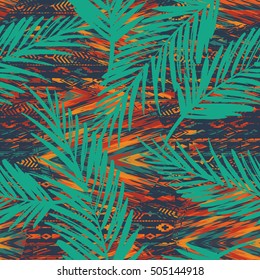 Patrón tribal étnico sin fisuras con elementos geométricos y hojas de palma. Fondo del vector