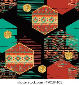 Tribal ethnic seamless pattern with hexagons. Vector background