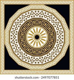 Tribal ethnic seamless pattern with mandala, square borders, frames. Ornate greek background. Colorful geometric ornament. Abstract ornamental design with zigzag, Greek key meander. Endless texture.