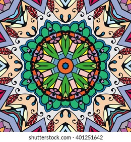 Tribal ethnic seamless pattern with mandala round circular ornament, geometric floral repeating texture. Vector decorative colorful background