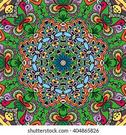 Tribal ethnic seamless pattern with mandala round circular ornament, geometric floral repeating texture. Vector decorative colorful background