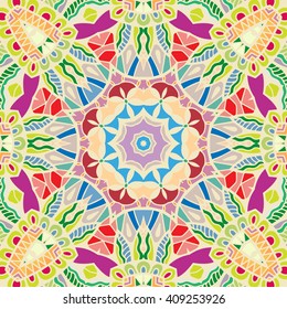Tribal ethnic seamless pattern with mandala round circular ornament, geometric floral repeating texture. Vector decorative colorful background