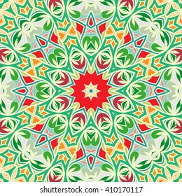 Tribal ethnic seamless pattern with mandala round circular ornament, geometric floral repeating texture. Vector decorative colorful background