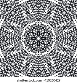 Típica etnia tribal sin fisuras, con manmerala circular adorno, textura geométrica floral extensible. Fondo decorativo de vectores en blanco y negro
