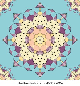 Tribal ethnic seamless pattern with mandala round circular ornament, geometric floral repeating texture. Vector decorative colorful background