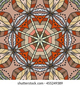 Tribal ethnic seamless pattern with mandala round circular ornament, geometric floral repeating texture. Vector decorative colorful background