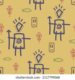 Tribal ethnic seamless pattern. Oriental design for fabric, background, wallpaper, clothing print. Vector illustration with ancient man and abstract symbols. 