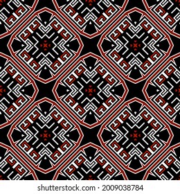 Tribal ethnic seamless pattern. Ornamental folkloric background. Repeat colorful patterned backdrop. Geometric ornament with folk elements. Geometry shapes, rhombus, lines. Symmetrical design. Vector.