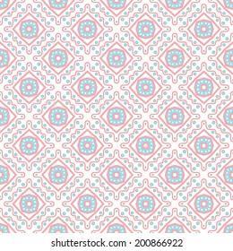 Tribal ethnic seamless pattern. Vector illustration for your cute feminine romantic design. Pink, white and blue colors. Square shapes.