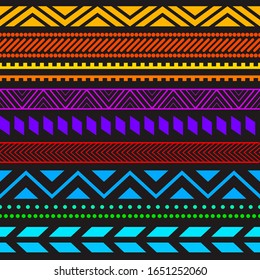 Patrón de franjas tribales sin fisuras. Ilustración vectorial para el diseño de la banda brillante. Cartel de la tribu azteca sobre fondo negro. Colores arcoiris. Fronteras y marcos étnicos.