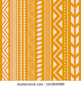 Tribal ethnic seamless stripe pattern. Vector illustration for vertical stripe ornament design. Aztec tribal sign on white background. Yellow colors. Borders and ethnic frames.