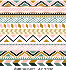 Tribal ethnic seamless stripe pattern. Vector illustration for geometric stripe ornament design. Aztec tribal sign on white background. Pastel colors. Borders and ethnic frames.