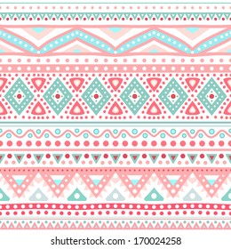 Tribal ethnic seamless stripe pattern. Vector illustration for your cute feminine romantic design. Aztec sign on white background. Pink and blue colors. Borders and frames.