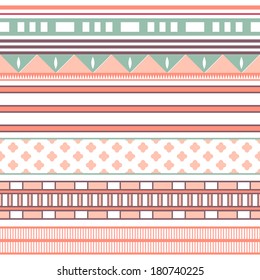 Tribal ethnic seamless stripe pattern. Vector illustration for your cute feminine romantic design. Aztec sign on white background. Pink, red and blue colors. Borders and frames.