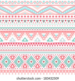 Tribal ethnic seamless stripe pattern. Vector illustration for your cute feminine romantic design. Aztec sign on white background. Pink and blue colors. Borders and frames.