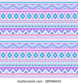 Tribal ethnic seamless stripe pattern. Vector illustration for your cute feminine romantic design. Aztec sign on white background. Pink and blue colors. Borders and frames.