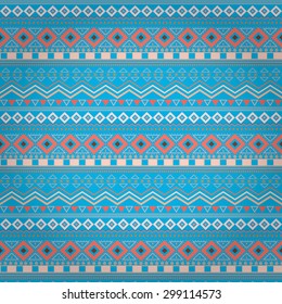 Tribal ethnic seamless stripe pattern on blue background, swatches included.