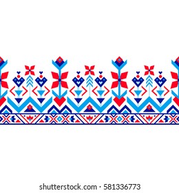 Tribal ethnic seamless stripe pattern. Vector illustration for your cute feminine romantic design. Aztec sign on white background. Red and blue colors. Borders and frames.