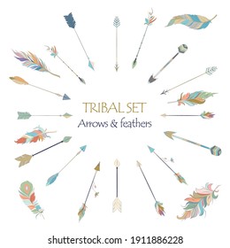 Tribal ethnic set. Multicolor feathers and arrows. Vector illustration isolated on white background.