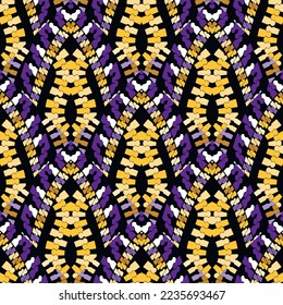 Tribal ethnic style modern seamless pattern. Colorful ornamental zippers background in black yellow violet colors. Repeat decorative backdrop. Textured curved ornaments with golden zippers, shapes.