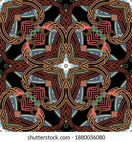 Tribal ethnic style seamless pattern. Vector colorful geometric background. Ornamental repeat backdrop. Abstract modern ornaments with greek key, meanders, shapes,  squares, frames, borders, flowers.