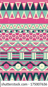 Tribal Ethnic textile decorative aged distressed ornamental striped seamless aztec pattern(Grunge effect can be removed easily) 