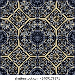 Tribal ethnic traditional celtic style blue seamless pattern. Ornamental ornate vector background. Modern repeat geometric abstract ornaments with rhombus, octagon. Patterned colorful endless texture.