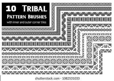 Tribal, ethnic vector pattern brushes with inner and outer corner tiles. Perfect for creating design elements, geometric ornament, frames, borders and more. All used brushes included in brush palette.