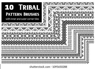 Tribal, ethnic vector pattern brushes with inner and outer corner tiles. Perfect for creating design elements, geometric ornament, frames, borders and more. All used brushes included in brush palette.