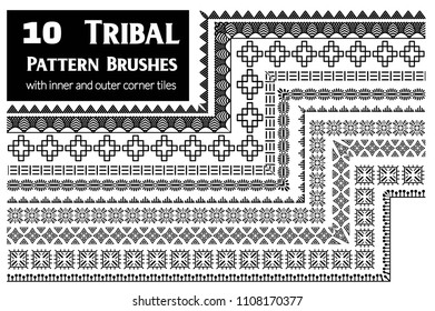 Tribal, ethnic vector pattern brushes with inner and outer corner tiles. Perfect for creating design elements, geometric ornament, frames, borders and more. All used brushes included in brush palette.