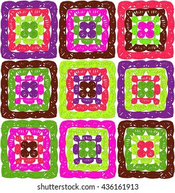 Tribal ethnic vector texture. Figure tribal embroidery. Indian, Mexican, folk pattern. Crochet blanket of square elements, handmade, multicolored knitted squares, cozy blanket.
