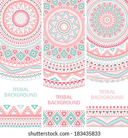 Tribal ethnic vintage banners. Vector illustration for your cute feminine romantic design. Aztec sign on white background. Pink and blue colors. Border and frame. Oriental rug napkin. Stripe pattern.