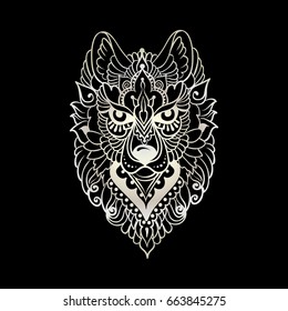 Tribal ethnic wolf, detailed colorful ornamental pattern, hand drawn abstract artwork in line art graphic style, black and white vector illustration