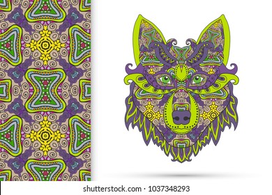 Tribal ethnic wolf totem, detailed ornate vector illustration and vertical seamless pattern, doodle floral repeating texture. Hand drawn animal in graphic tattoo boho style. Wolf poster, logo design.