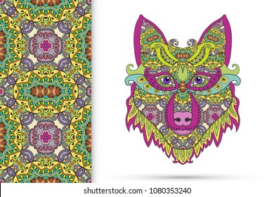 Tribal ethnic wolf totem, detailed ornate vector illustration and vertical seamless pattern, doodle floral repeating texture. Hand drawn animal in graphic tattoo boho style. Wolf poster, logo design.