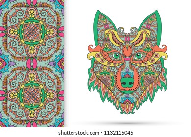 Tribal ethnic wolf totem, detailed ornate vector illustration and vertical seamless pattern, doodle floral repeating texture. Hand drawn animal in graphic tattoo boho style. Wolf poster, logo design.