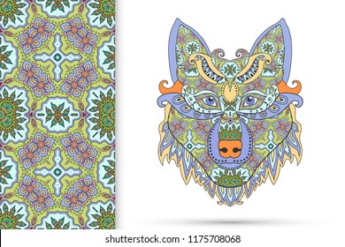 Tribal ethnic wolf totem, detailed ornate vector illustration and vertical seamless pattern, doodle floral repeating texture. Hand drawn animal in graphic tattoo boho style. Wolf poster, logo design.