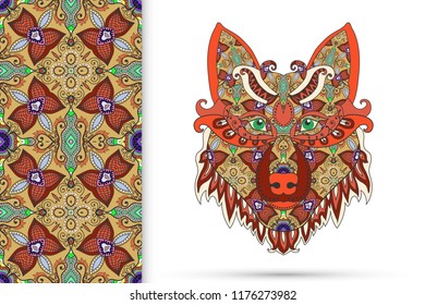 Tribal ethnic wolf totem, detailed ornate vector illustration and vertical seamless pattern, doodle floral repeating texture. Hand drawn animal in graphic tattoo boho style. Wolf poster, logo design.