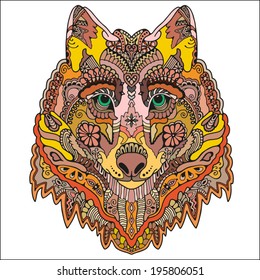 Tribal ethnic wolf totem, detailed colorful ornamental pattern, hand drawn abstract artwork in graphic style, isolated on white background