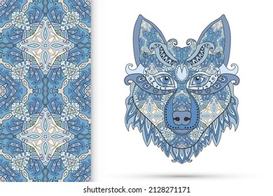 Tribal ethnic wolf totem, detailed ornate vector illustration and vertical seamless pattern, doodle floral repeating texture. Hand drawn animal in graphic tattoo boho style. Wolf poster, logo design.