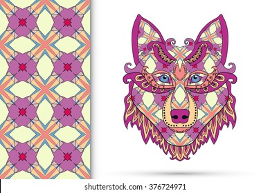 Tribal ethnic wolf totem, detailed ornate vector illustration and vertical seamless pattern with geometric repeating texture. Hand drawn animal in graphic tattoo boho style. Wolf poster, logo design. 
