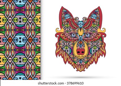 Tribal ethnic wolf totem, detailed ornate vector illustration and vertical seamless pattern with geometric repeating texture. Hand drawn animal in graphic tattoo boho style. Wolf poster, logo design. 