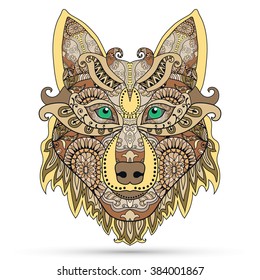 Tribal ethnic wolf totem, detailed ornate vector illustration. Decorative hand drawn animal art in graphic tattoo boho style. Wolf poster or logo design. 