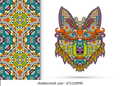 Tribal ethnic wolf totem, detailed ornate vector illustration and vertical seamless pattern, doodle floral repeating texture. Hand drawn animal in graphic tattoo boho style. Wolf poster, logo design.