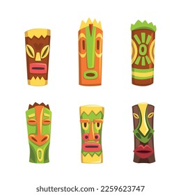 Tribal Ethnic Wooden Masks with Ornamental Carvings Vector Set