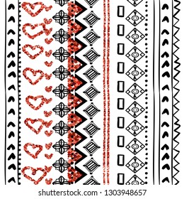 Tribal etnic pattern with red glitter. African hand drawn striped