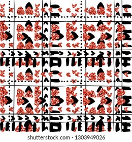 Tribal etnic pattern with red glitter. African hand drawn striped